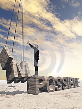 3D illustration of business man standing over abstract stone impossible text on sunset sky background