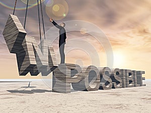 3D illustration of business man standing over abstract stone impossible text on sunset sky background