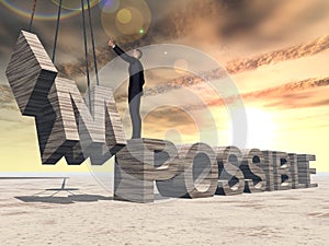 3D illustration of business man standing over abstract stone impossible text on sunset sky background