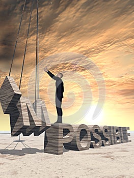 3D illustration of business man standing over abstract stone impossible text on sunset sky background