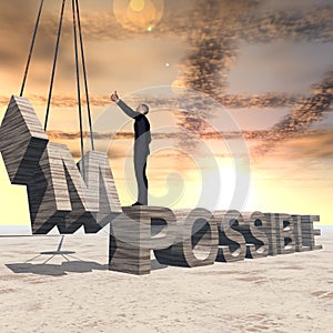 3D illustration of business man standing over abstract stone impossible text on sunset sky background