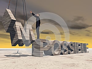 3D illustration of business man standing over abstract stone impossible text on sunset sky background