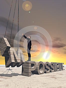 3D illustration of business man standing over abstract stone impossible text on sunset sky background