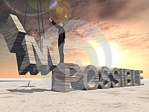 3D illustration of business man standing over abstract stone impossible text on sunset sky background