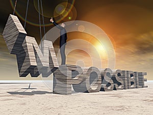 3D illustration of business man standing over abstract stone impossible text on sunset sky background