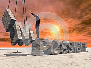 3D illustration of business man standing over abstract stone impossible text on sunset sky background