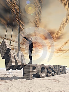 3D illustration of business man standing over abstract stone impossible text on sunset sky background