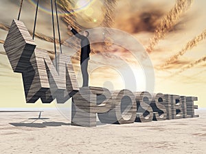 3D illustration of business man standing over abstract stone impossible text on sunset sky background