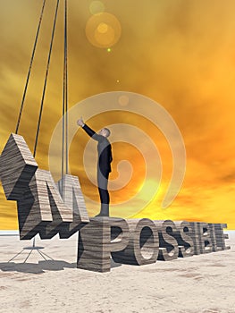 3D illustration of business man standing over abstract stone impossible text on sunset sky background