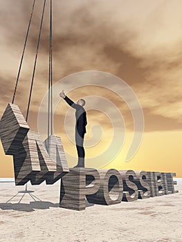 3D illustration of business man standing over abstract stone impossible text on sunset sky background