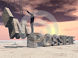 3D illustration of business man standing over abstract stone impossible text on sunset sky background