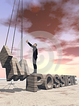 3D illustration of business man standing over abstract stone impossible text on sunset sky background