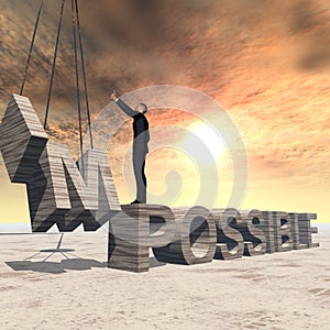 3D illustration of business man standing over abstract stone impossible text on sunset sky background