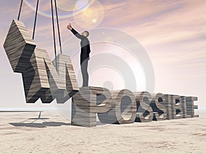 3D illustration of business man standing over abstract stone impossible text on sunset sky background