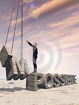 3D illustration of business man standing over abstract stone impossible text on sunset sky background