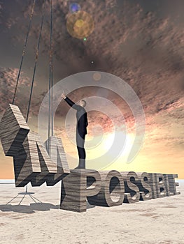 3D illustration of business man standing over abstract stone impossible text on sunset sky background