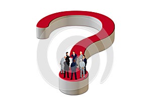 3d illustration of business people having a meeting over red question mark icon