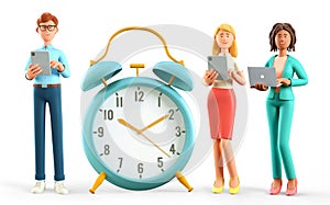 3D illustration of business people team standing nearby a huge vintage alarm clock. Happy multicultural human characters