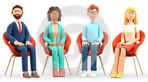 3D illustration of business team meeting. Happy multicultural people characters with their hands on their knees, sitting in chairs