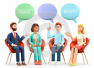 3D illustration of business team meeting and talking with speech bubbles. Happy multicultural people characters sitting in chairs