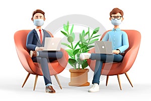 3D illustration of business teamwork. Two men with medical masks using laptops.