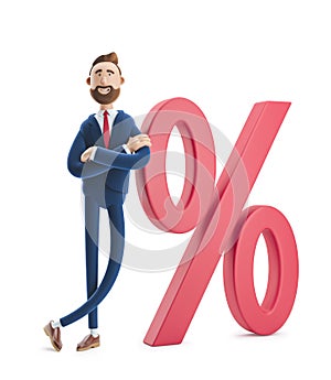 3d illustration. Businessman Billy and big percent icon. Concept business interest rate.