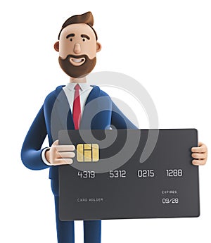 3d illustration. Businessman Billy with black credit card.