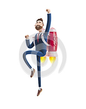 3d illustration. Businessman Billy flying on a rocket Jetpack up. Concept of  business startup, launching of a new company.