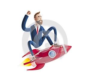 3d illustration. Businessman Billy flying on a rocket up. Concept of  business startup, launching of a new company.