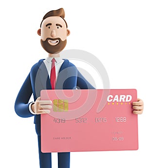 3d illustration. Businessman Billy with pink credit card.