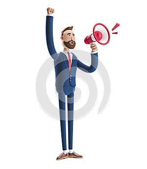 3d illustration. Businessman Billy shouting through loud speaker.