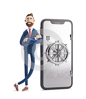 3d illustration. Businessman Billy with a telephone in the form of a safe. Mobile banking concept. Online Bank.