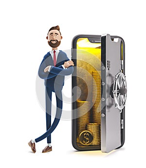 3d illustration. Businessman Billy with a telephone in the form of a safe. Mobile banking concept. Online Bank.