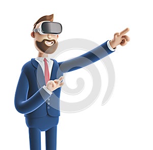 3d illustration. Businessman Billy using virtual reality glasses and touching vr interface.