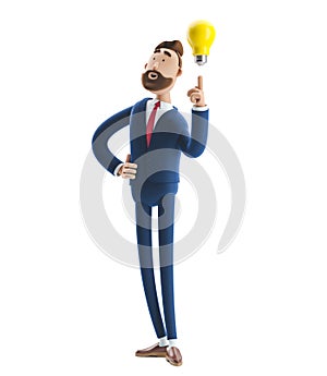 3d illustration. Businessman Billy with yellow bulb. Innovation and inspiration concept.