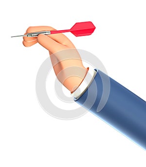 3D illustration of businessman hand holding a dart hitting the target. Concept of choice of strategy, objective attainment