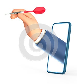 3D illustration of businessman hand holding a dart hitting the target through smartphone screen.