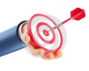 3D illustration of businessman hand holding a modern target with arrow in bullseye. Concept of objective attainment