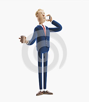 3d illustration. Businessman talking on the phone and holding coffee