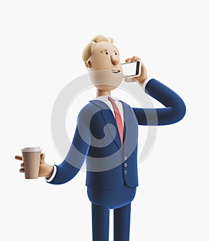 3d illustration. Businessman talking on the phone and holding coffee