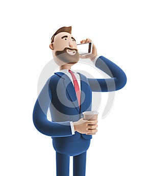 3d illustration. Businessman talking on the phone and holding coffee
