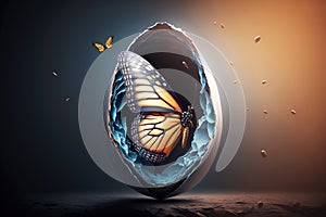 3D illustration of butterfly emerging from its cocoon.