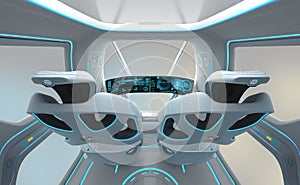 3D illustration of the cabin interior of an autonomous electric car. Advanced automotive design technology