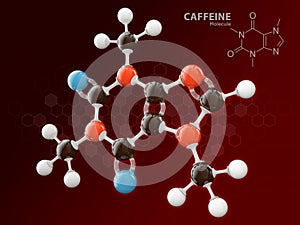 3d Illustration of Caffeine molecular model isolated red.