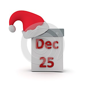 3D illustration of a calendar showing 25 December with Santa hat