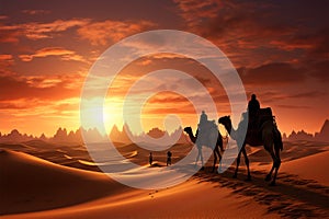 3D illustration Camel caravan amid desert dunes, Dubai skyline silhouette