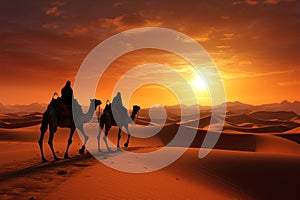 3D illustration Camel caravan amid desert dunes, Dubai skyline silhouette