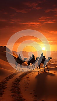 3D illustration Camel caravan amid desert dunes, Dubai skyline silhouette