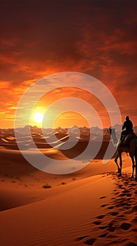 3D illustration Camel caravan amid desert dunes, Dubai skyline silhouette