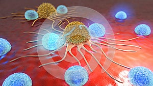 3d illustration of cancer cells and lymphocytes